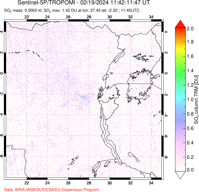 A sulfur dioxide image over Nyiragongo, DR Congo on Feb 19, 2024.