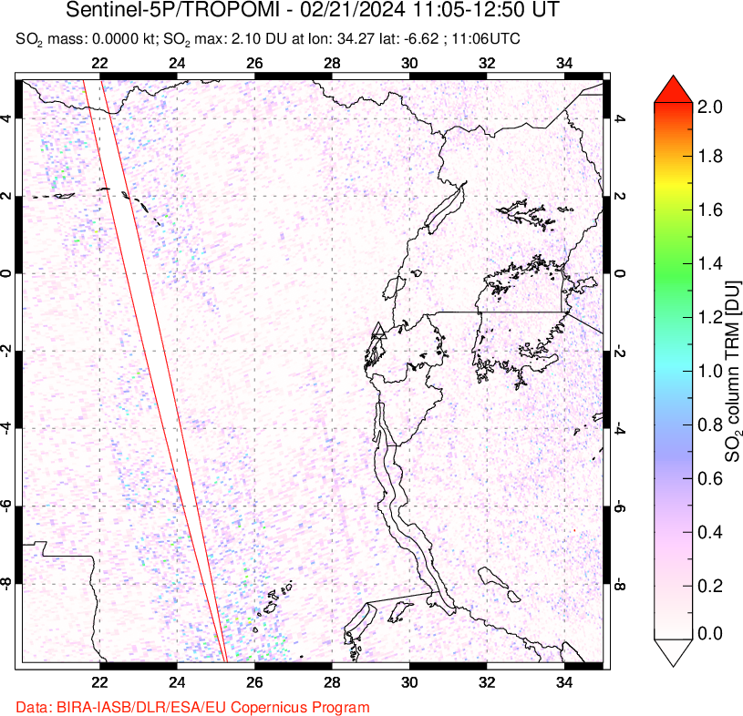 A sulfur dioxide image over Nyiragongo, DR Congo on Feb 21, 2024.