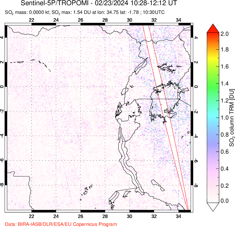 A sulfur dioxide image over Nyiragongo, DR Congo on Feb 23, 2024.