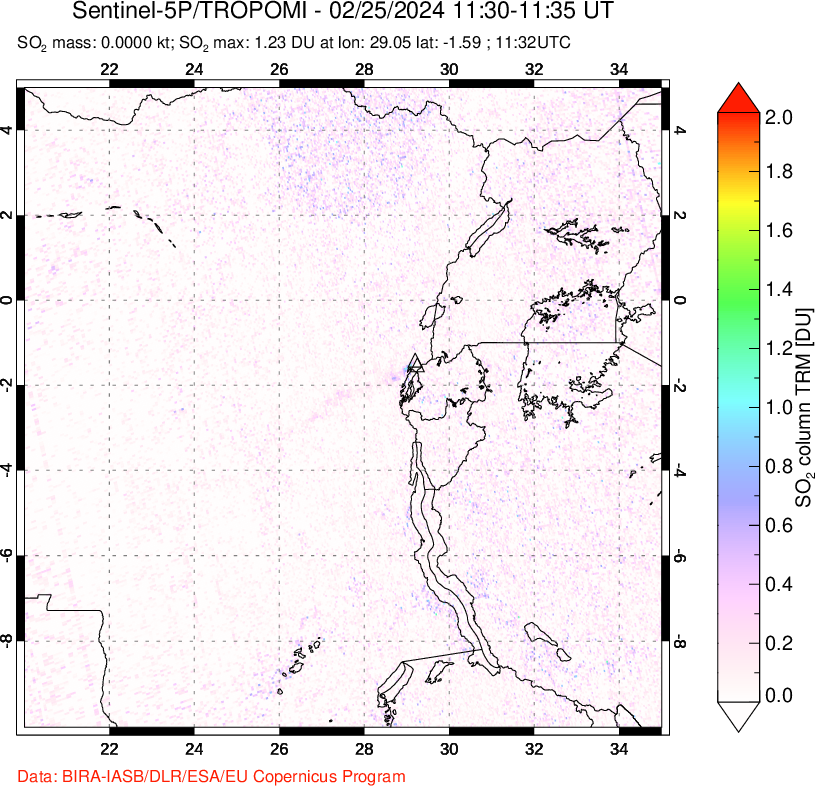 A sulfur dioxide image over Nyiragongo, DR Congo on Feb 25, 2024.