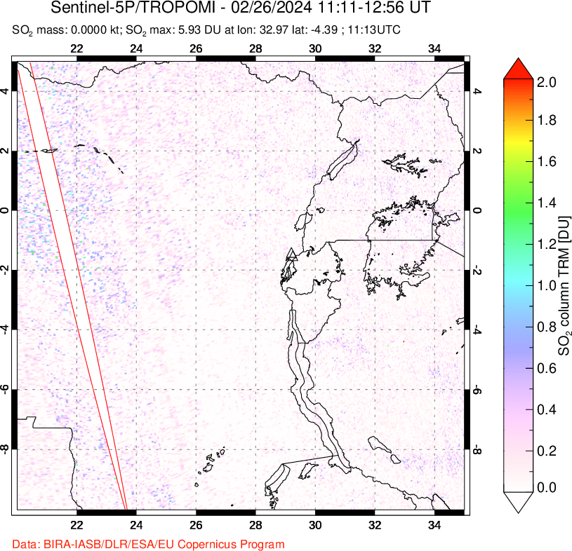 A sulfur dioxide image over Nyiragongo, DR Congo on Feb 26, 2024.