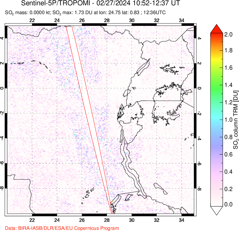 A sulfur dioxide image over Nyiragongo, DR Congo on Feb 27, 2024.