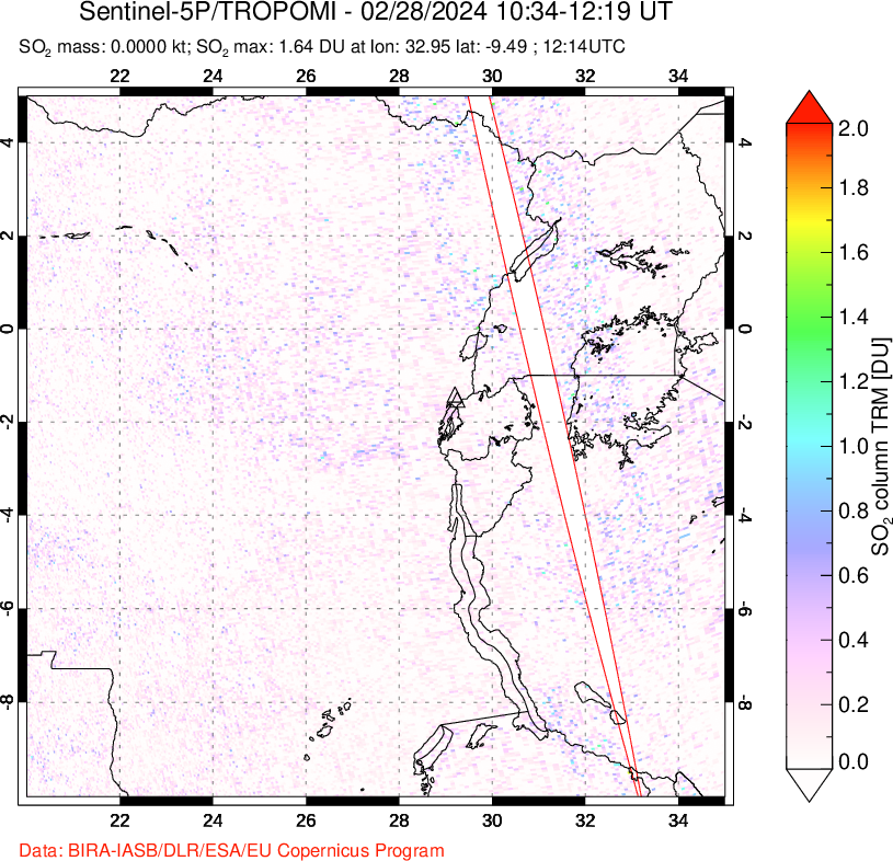 A sulfur dioxide image over Nyiragongo, DR Congo on Feb 28, 2024.