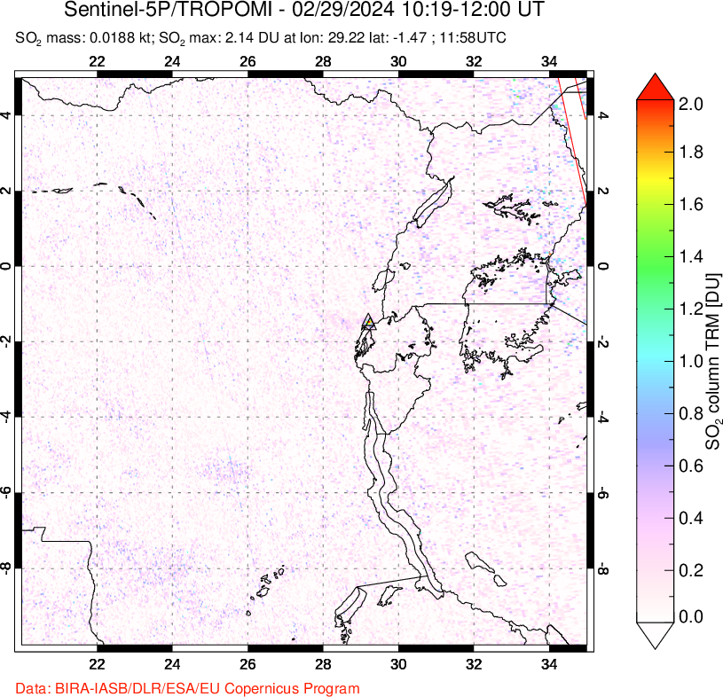 A sulfur dioxide image over Nyiragongo, DR Congo on Feb 29, 2024.