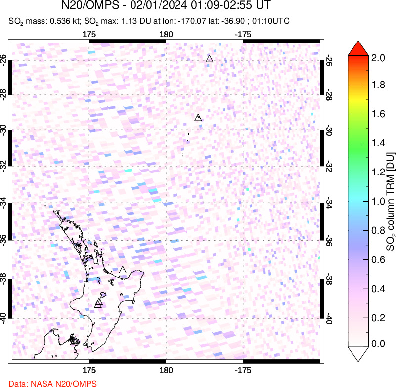 A sulfur dioxide image over New Zealand on Feb 01, 2024.