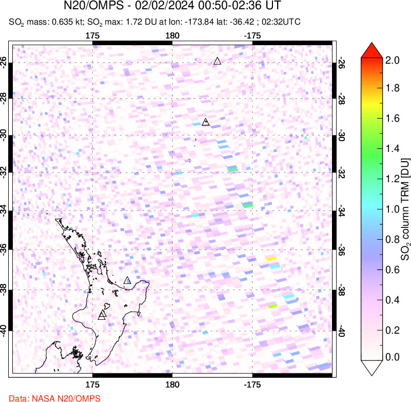 A sulfur dioxide image over New Zealand on Feb 02, 2024.