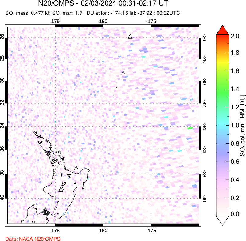 A sulfur dioxide image over New Zealand on Feb 03, 2024.