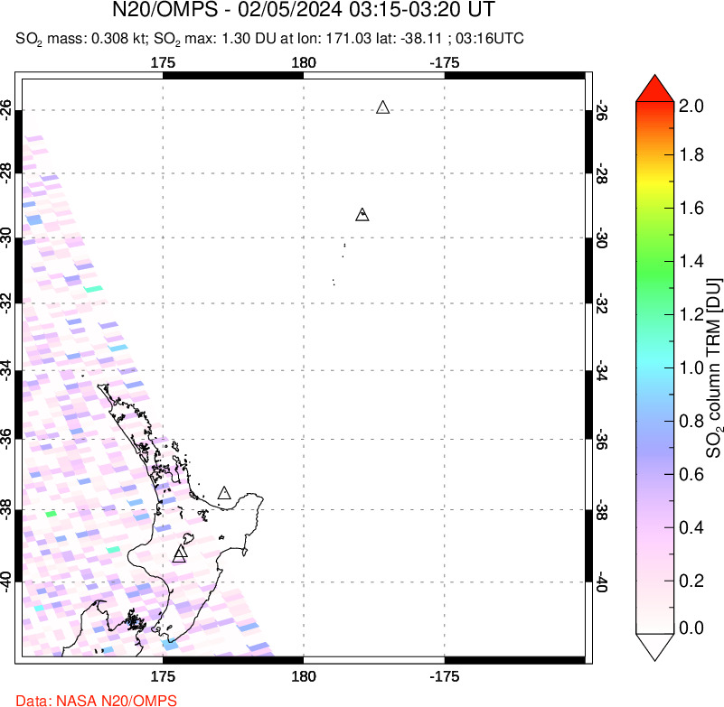 A sulfur dioxide image over New Zealand on Feb 05, 2024.