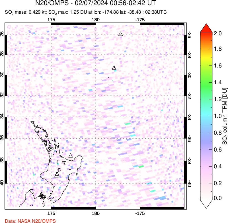 A sulfur dioxide image over New Zealand on Feb 07, 2024.