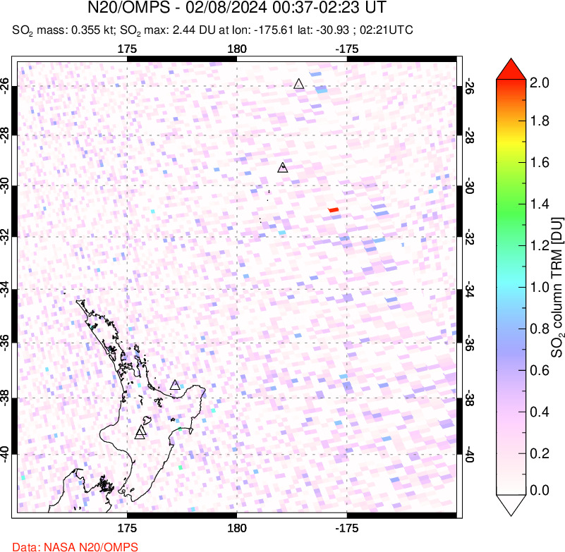 A sulfur dioxide image over New Zealand on Feb 08, 2024.