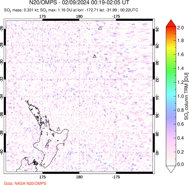 A sulfur dioxide image over New Zealand on Feb 09, 2024.