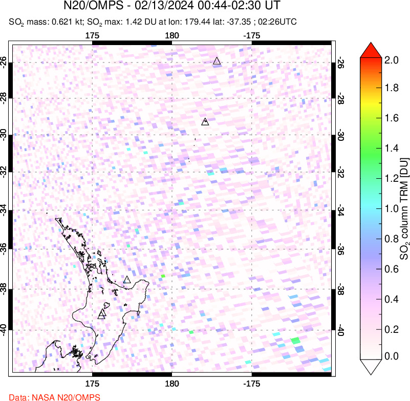 A sulfur dioxide image over New Zealand on Feb 13, 2024.