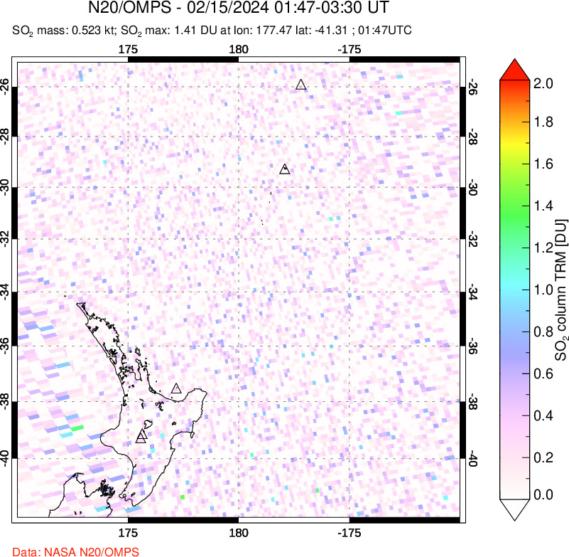 A sulfur dioxide image over New Zealand on Feb 15, 2024.