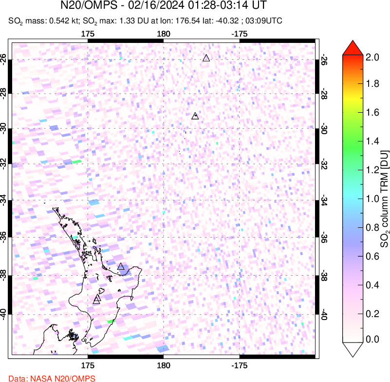 A sulfur dioxide image over New Zealand on Feb 16, 2024.