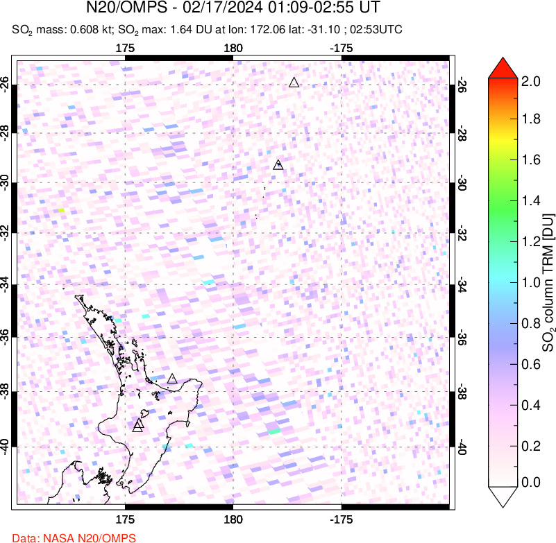 A sulfur dioxide image over New Zealand on Feb 17, 2024.