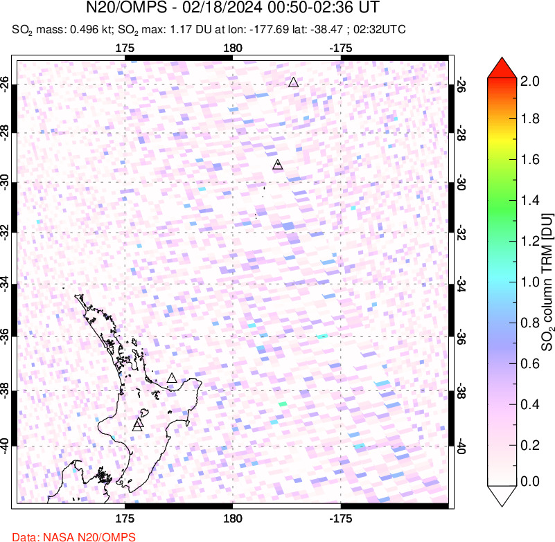 A sulfur dioxide image over New Zealand on Feb 18, 2024.