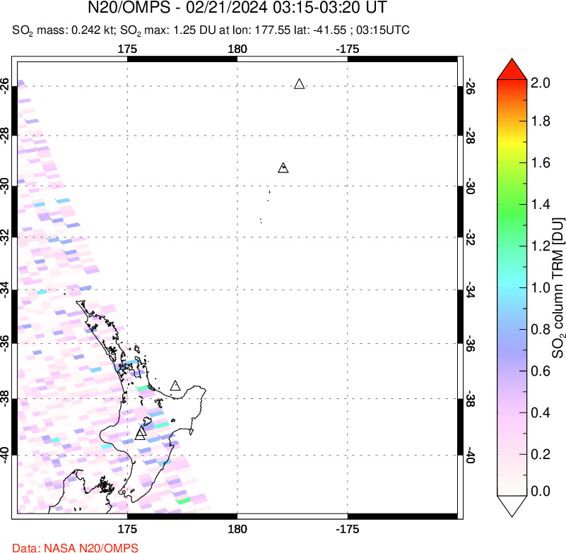 A sulfur dioxide image over New Zealand on Feb 21, 2024.