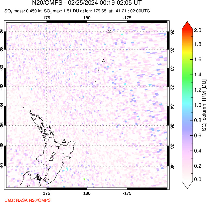 A sulfur dioxide image over New Zealand on Feb 25, 2024.