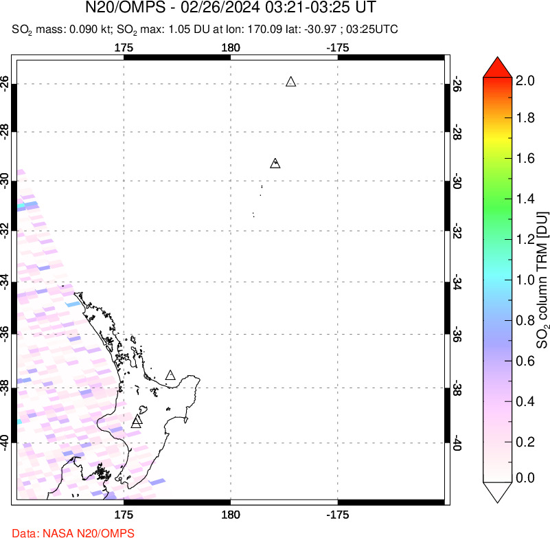 A sulfur dioxide image over New Zealand on Feb 26, 2024.