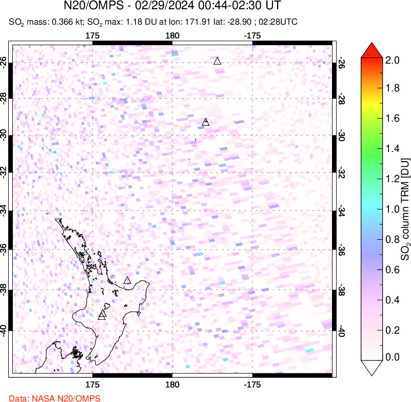 A sulfur dioxide image over New Zealand on Feb 29, 2024.