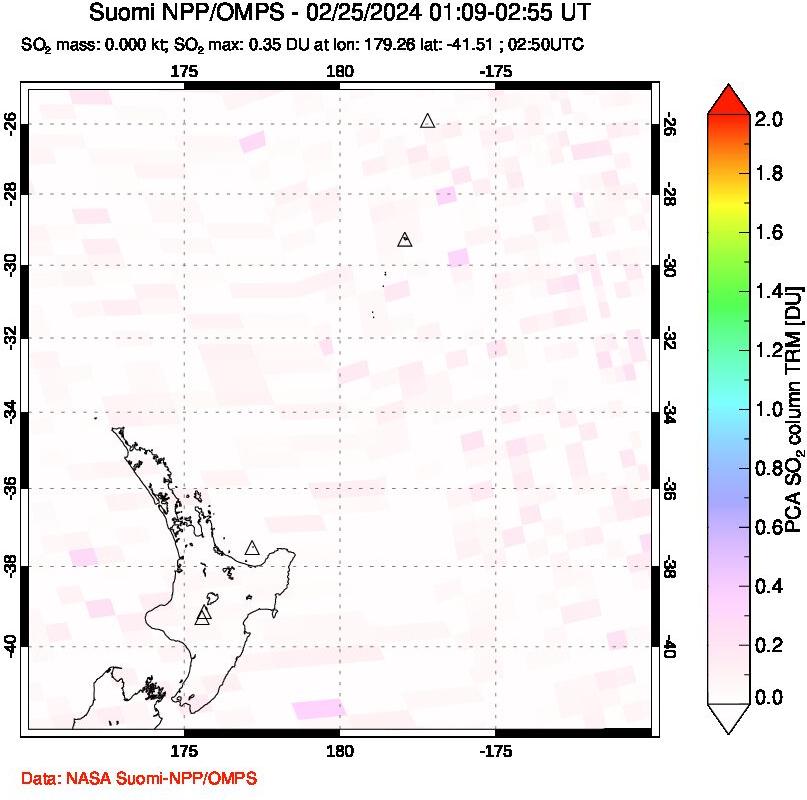 A sulfur dioxide image over New Zealand on Feb 25, 2024.