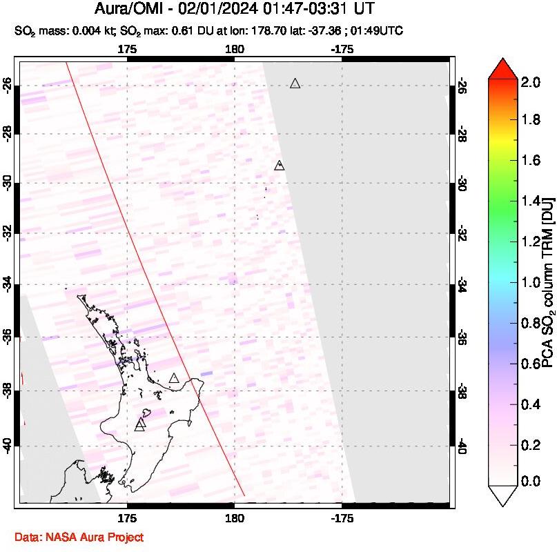 A sulfur dioxide image over New Zealand on Feb 01, 2024.