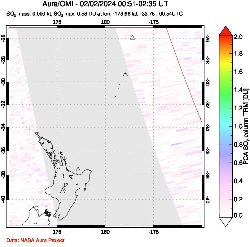 A sulfur dioxide image over New Zealand on Feb 02, 2024.