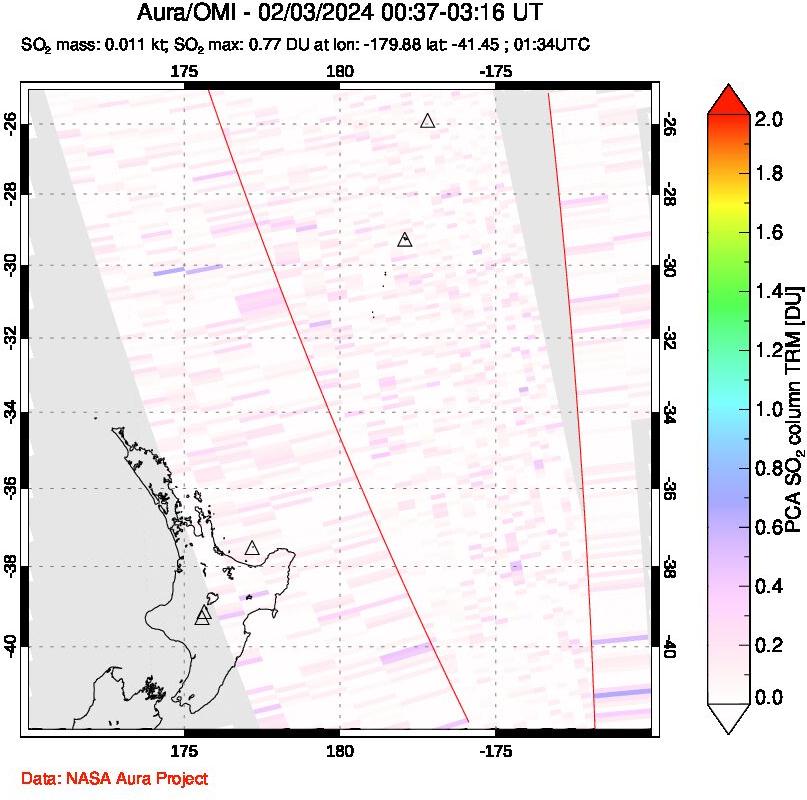 A sulfur dioxide image over New Zealand on Feb 03, 2024.