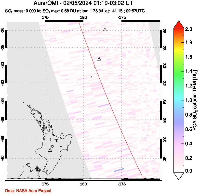 A sulfur dioxide image over New Zealand on Feb 05, 2024.