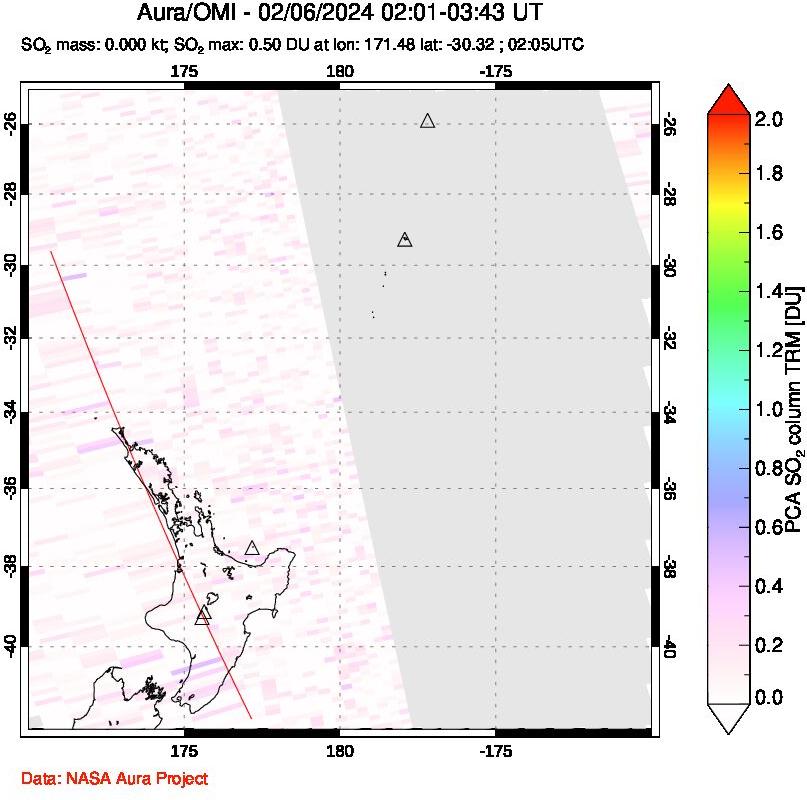 A sulfur dioxide image over New Zealand on Feb 06, 2024.