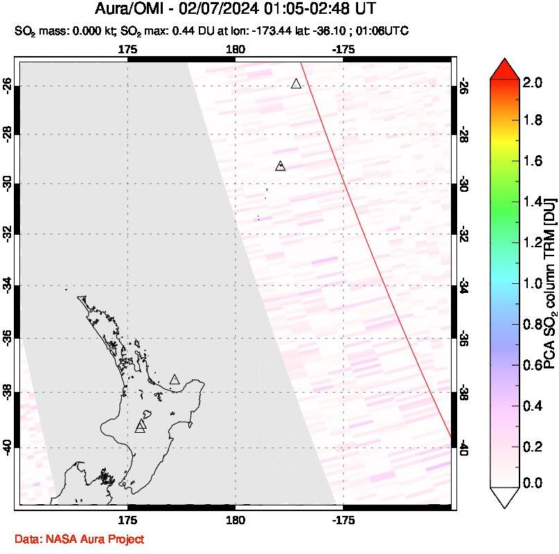 A sulfur dioxide image over New Zealand on Feb 07, 2024.