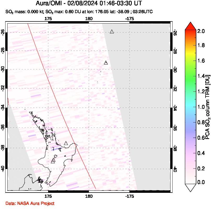 A sulfur dioxide image over New Zealand on Feb 08, 2024.