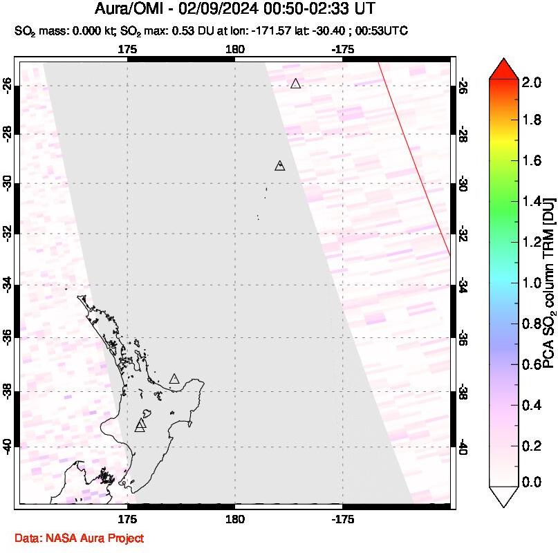 A sulfur dioxide image over New Zealand on Feb 09, 2024.