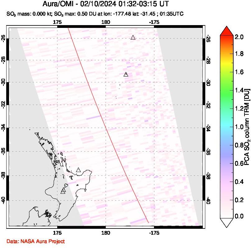 A sulfur dioxide image over New Zealand on Feb 10, 2024.
