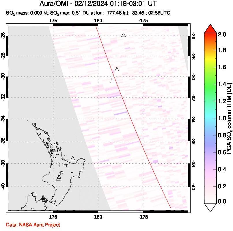A sulfur dioxide image over New Zealand on Feb 12, 2024.