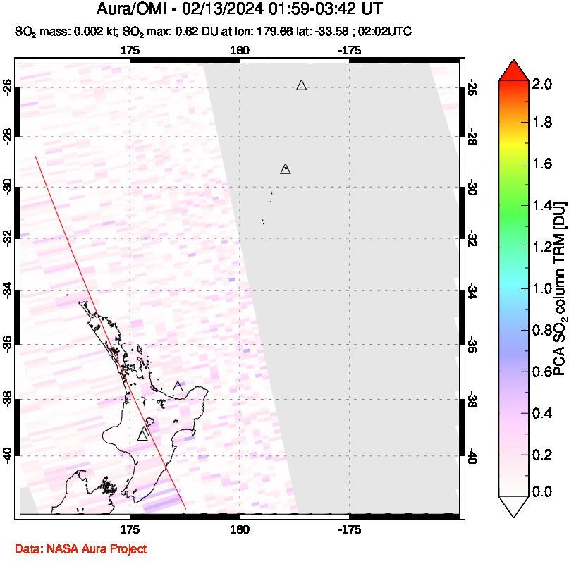 A sulfur dioxide image over New Zealand on Feb 13, 2024.