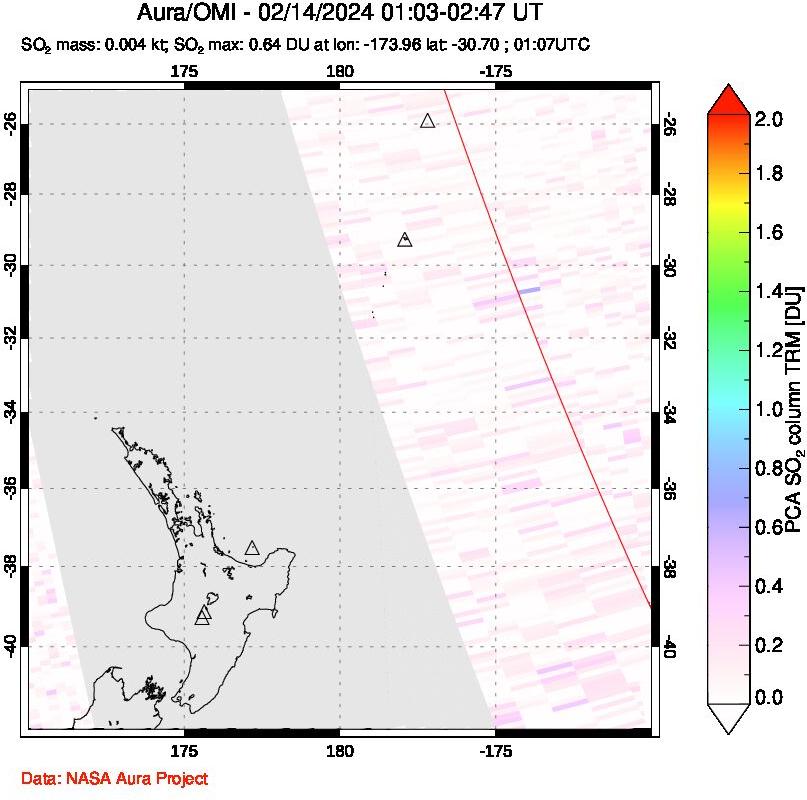 A sulfur dioxide image over New Zealand on Feb 14, 2024.