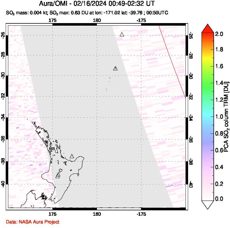 A sulfur dioxide image over New Zealand on Feb 16, 2024.