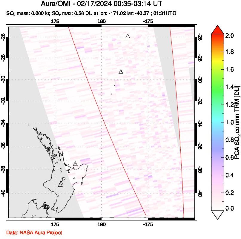 A sulfur dioxide image over New Zealand on Feb 17, 2024.