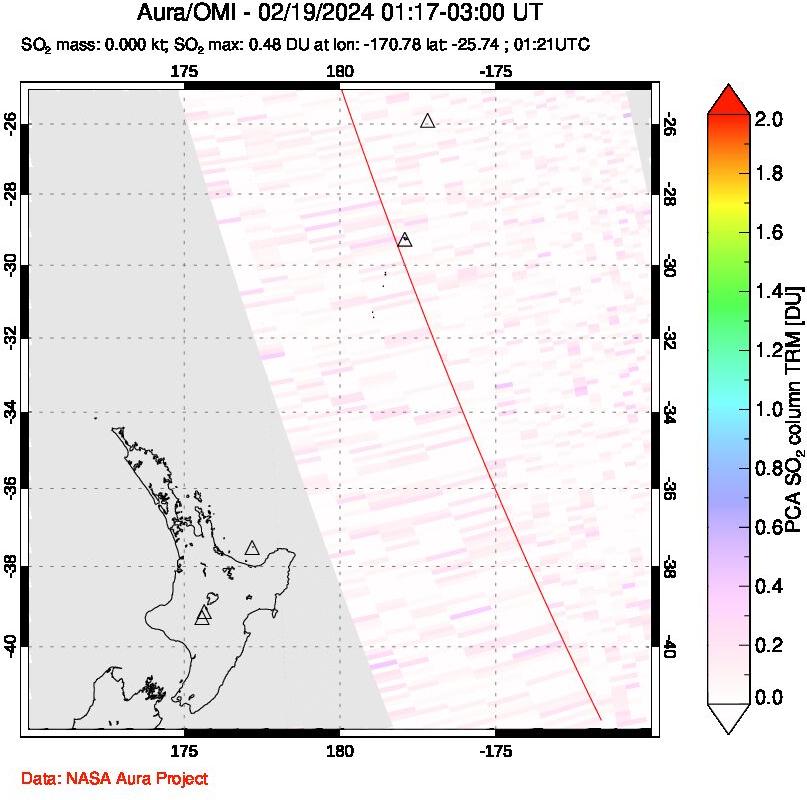 A sulfur dioxide image over New Zealand on Feb 19, 2024.