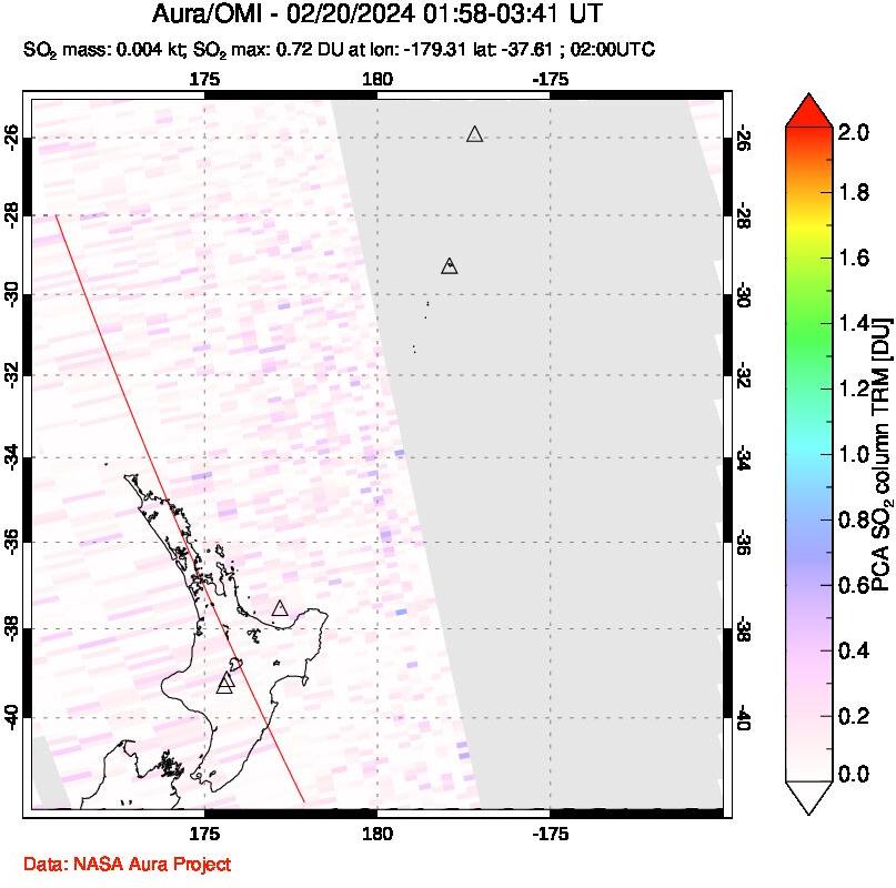 A sulfur dioxide image over New Zealand on Feb 20, 2024.