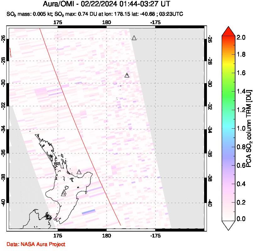 A sulfur dioxide image over New Zealand on Feb 22, 2024.