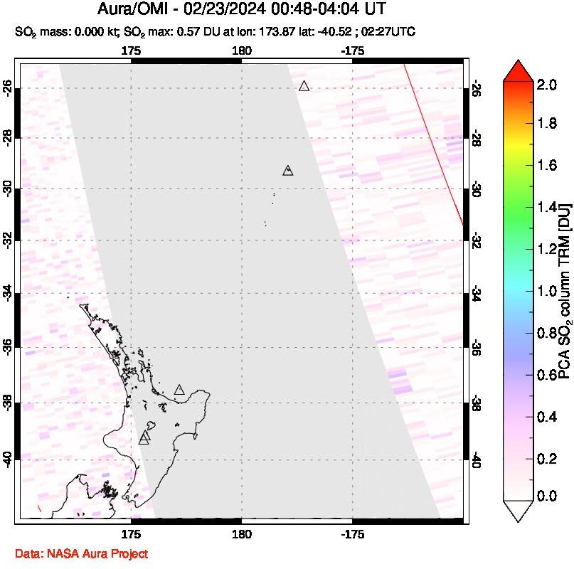 A sulfur dioxide image over New Zealand on Feb 23, 2024.