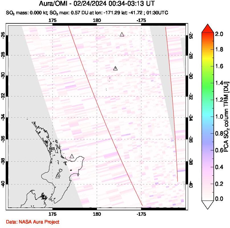 A sulfur dioxide image over New Zealand on Feb 24, 2024.