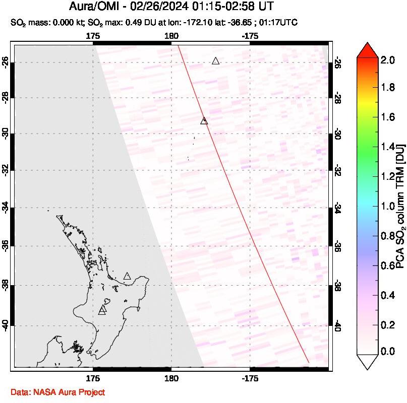 A sulfur dioxide image over New Zealand on Feb 26, 2024.