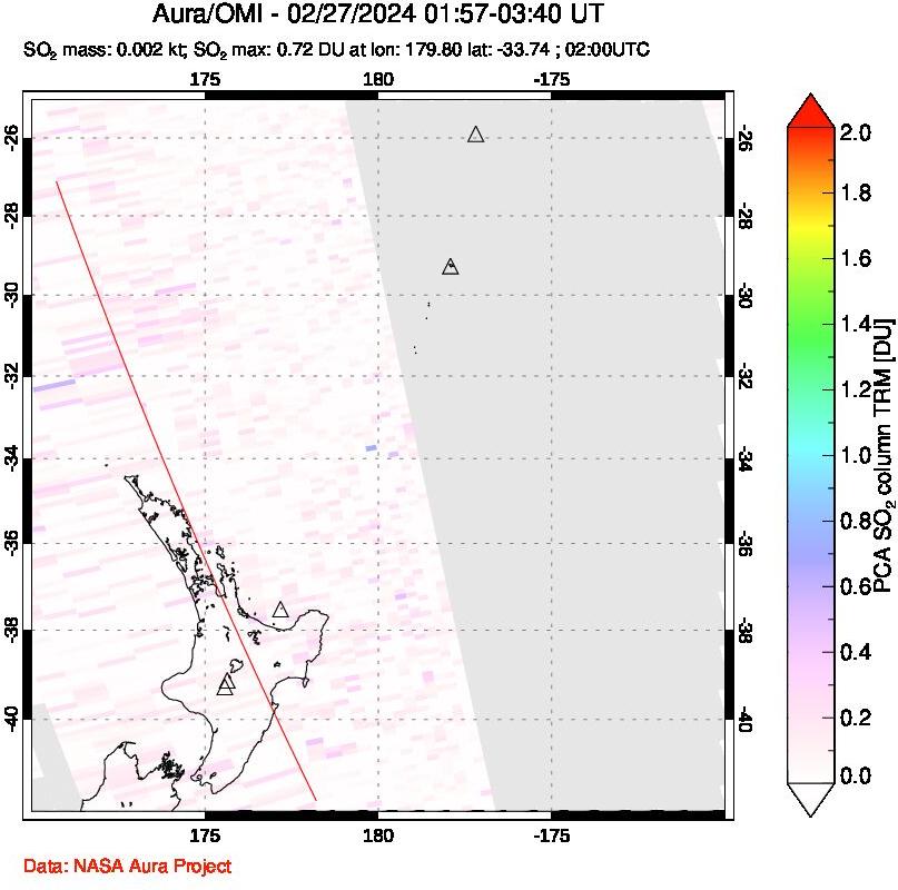 A sulfur dioxide image over New Zealand on Feb 27, 2024.