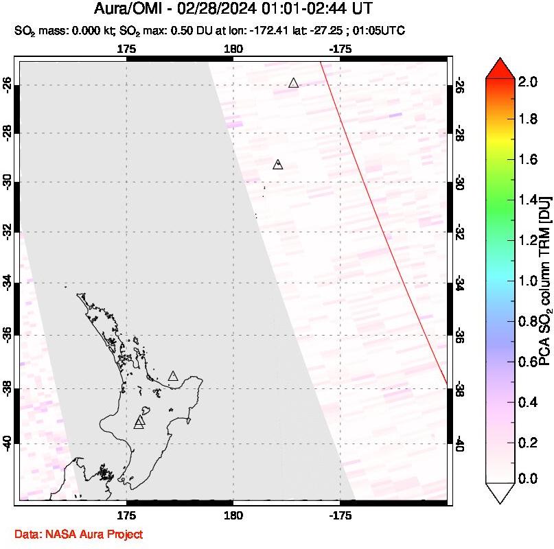 A sulfur dioxide image over New Zealand on Feb 28, 2024.