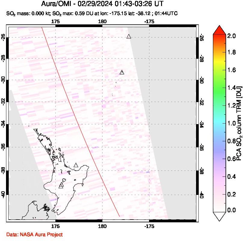 A sulfur dioxide image over New Zealand on Feb 29, 2024.
