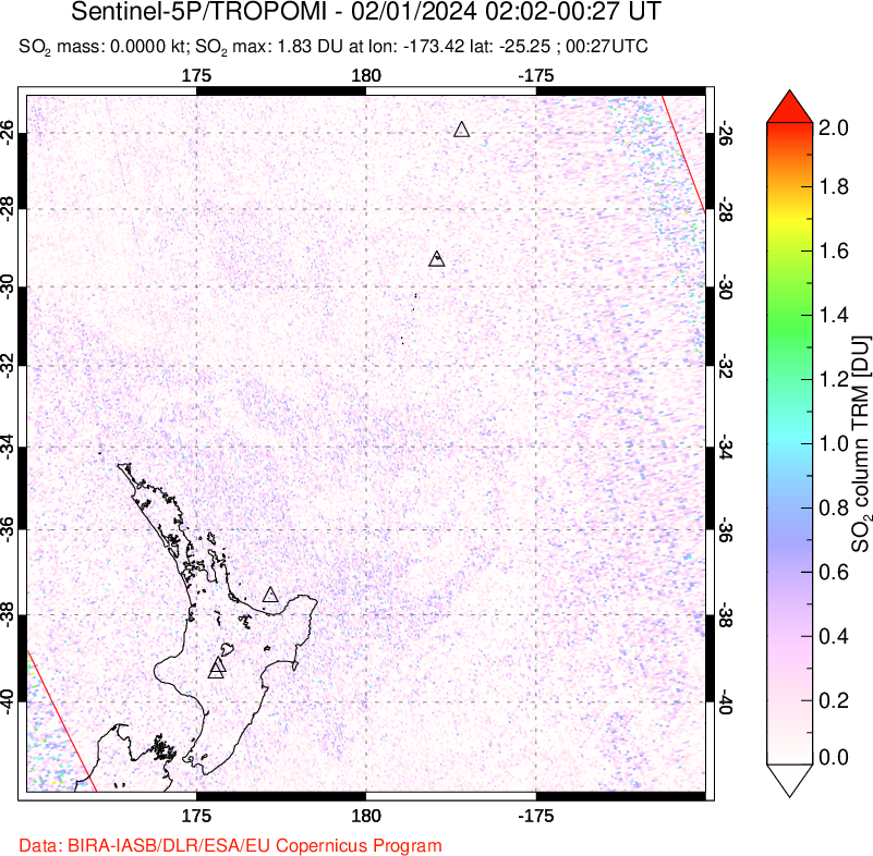 A sulfur dioxide image over New Zealand on Feb 01, 2024.