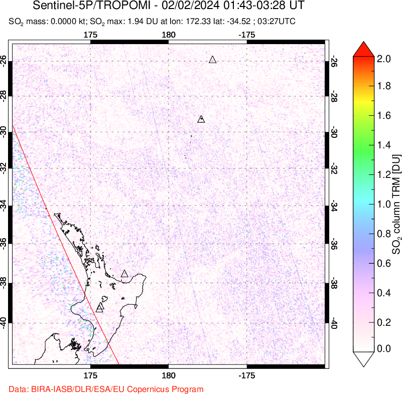 A sulfur dioxide image over New Zealand on Feb 02, 2024.